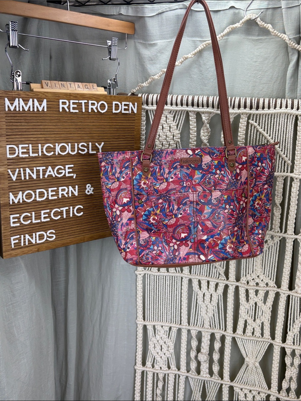 Sakroots Artist Circle Metro Tote with Red & Blue Floral and Paisley Pattern